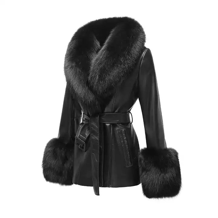 Baby Doll Fox Fur Collar Leather Coat